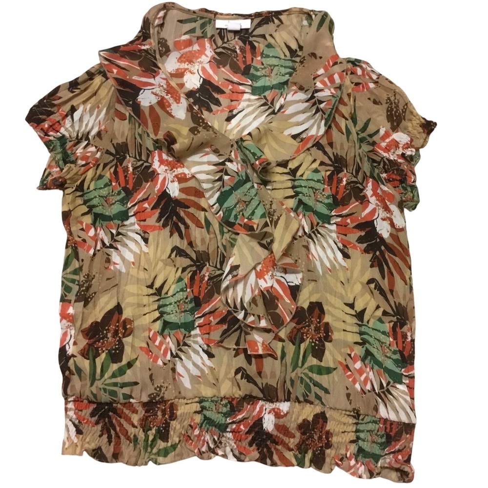 Dressbarn Blouse Womens XL Tan Floral Excellent Ruffle Neck Smocked Cap Sleeve